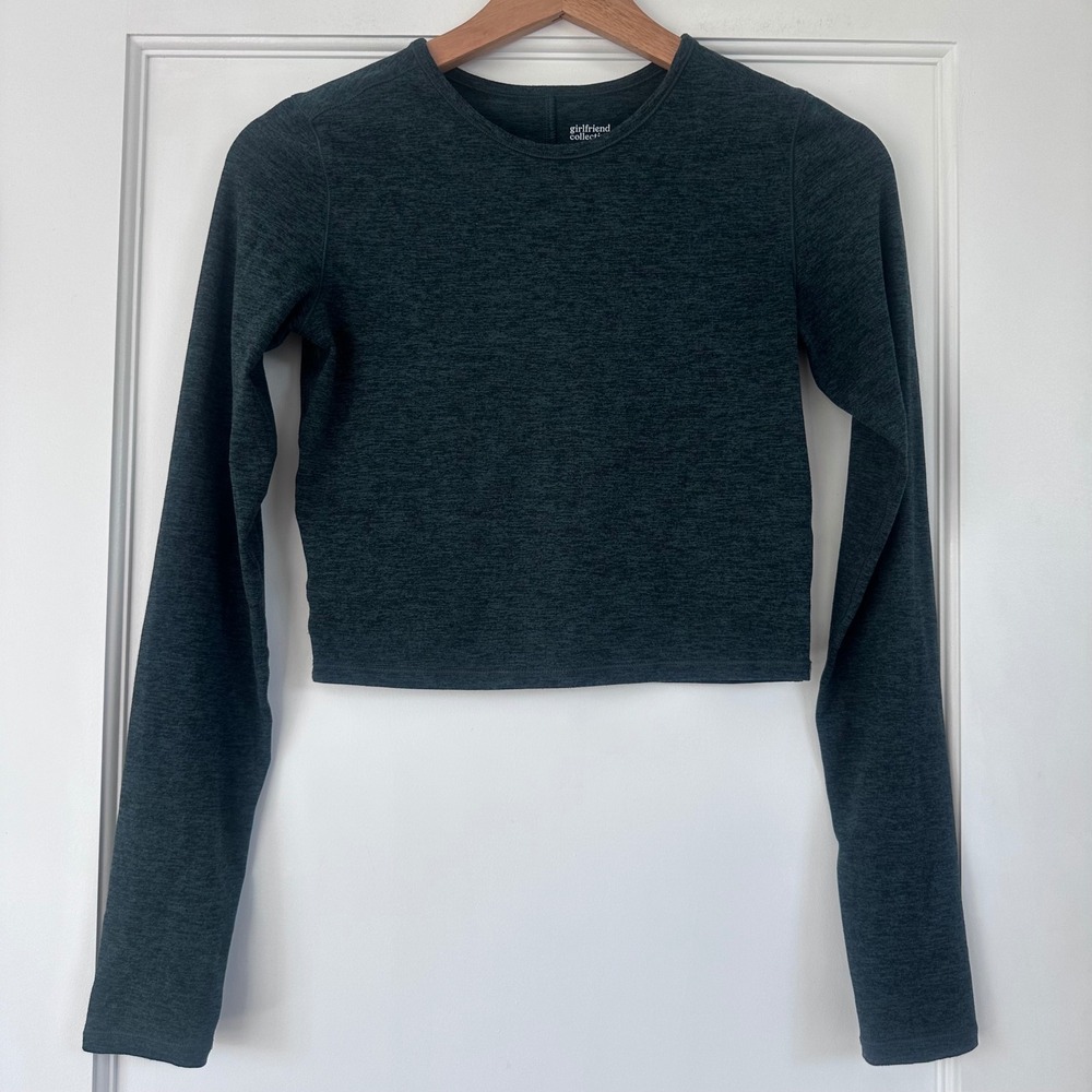 Girlfriend Collective Womens XS Long Sleeve Crop Top Heathered Green Activewear - Picture 2 of 6